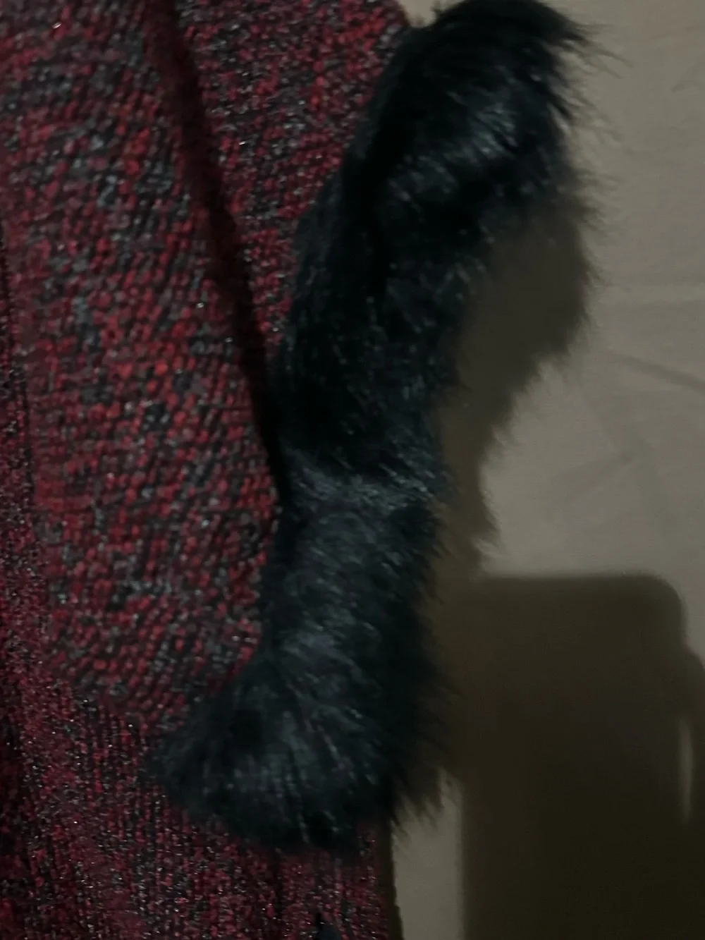 Source Unknown Burgundy Knit Poncho with Black Faux Fur Cuffs
